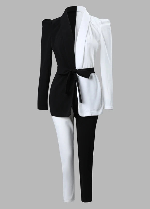 Colorblock Black/White Shawl Collar Tie Front Blazer & Pants Ladies Suit