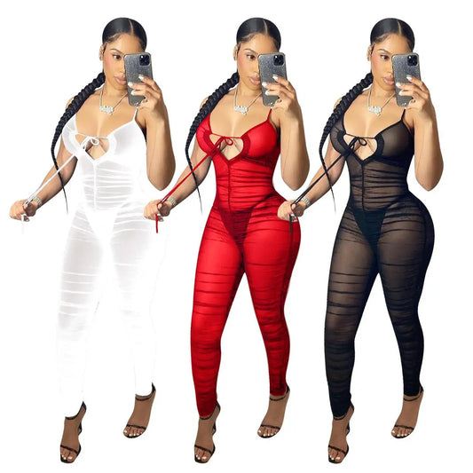 Women's Pleated Me Tight Jumpsuit Comfortable l Waist Polyester Fiber Casual Pants European Sle Mid-aged Women