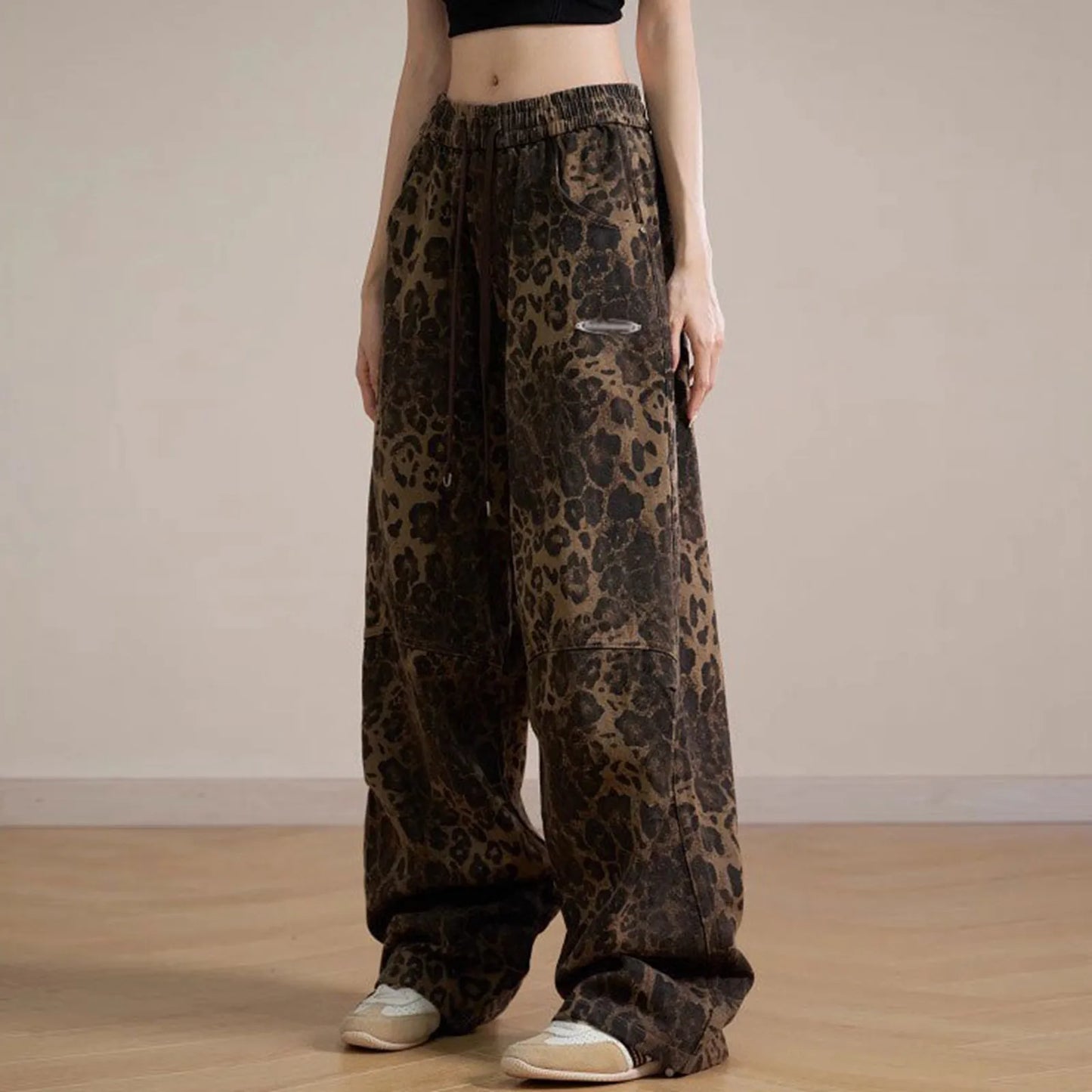 Women's Leopard Print Jeans Cargo Hip-Hop Streetwear Drawstring Elastic Waist Jeans