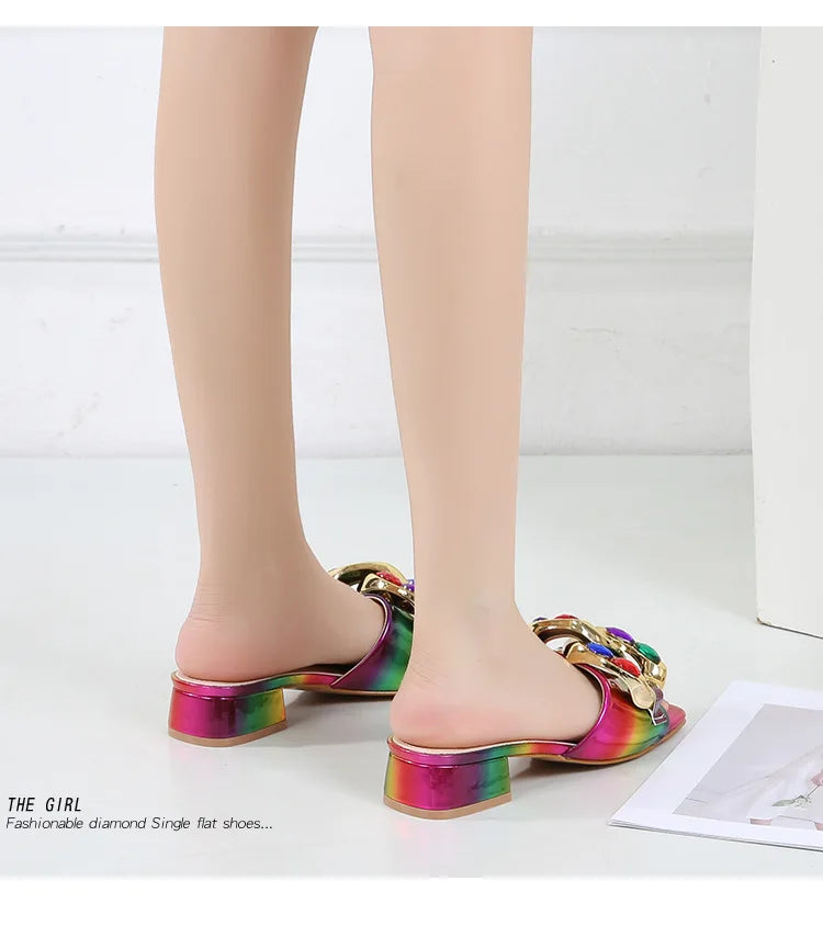 Gold Chain Detail Gradient Ombre Pattern Open Toe Women's Flat Square Heel Sandals