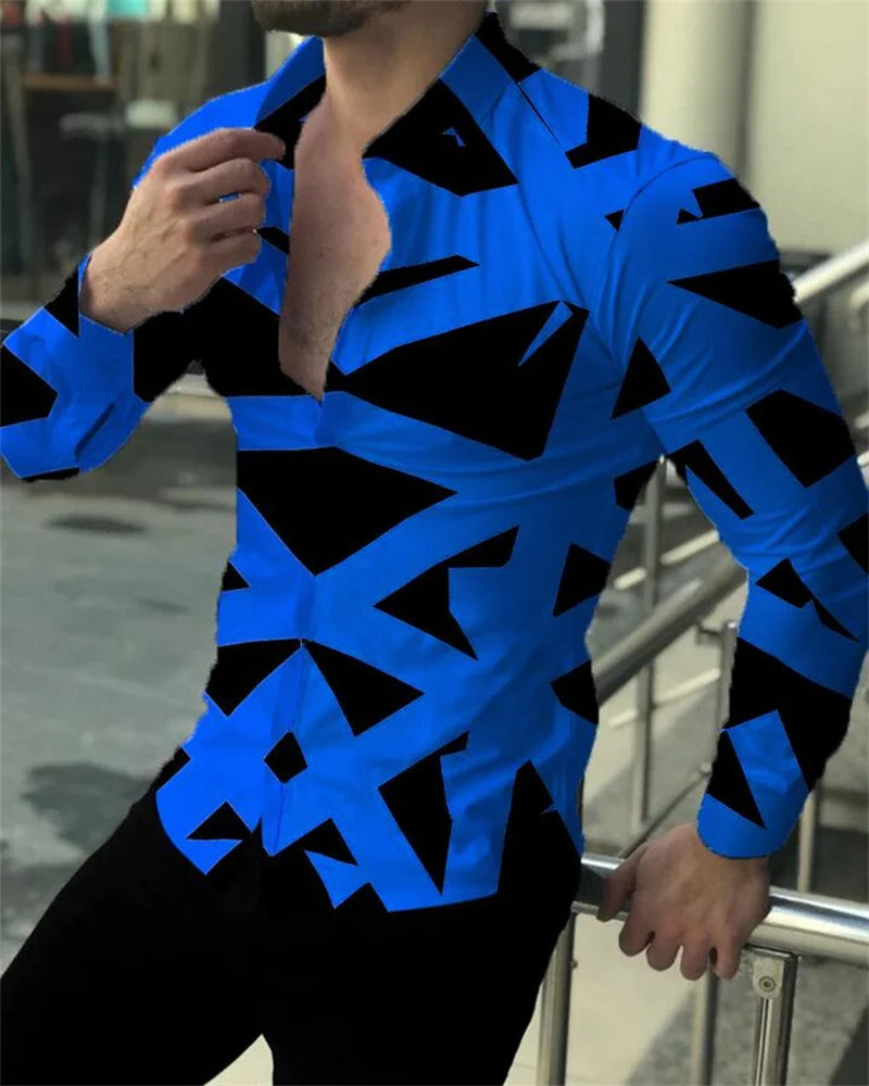 Men's Geometric Striped Print Turn-Down Collar Long Sleeve Button-Up Dress Shirts