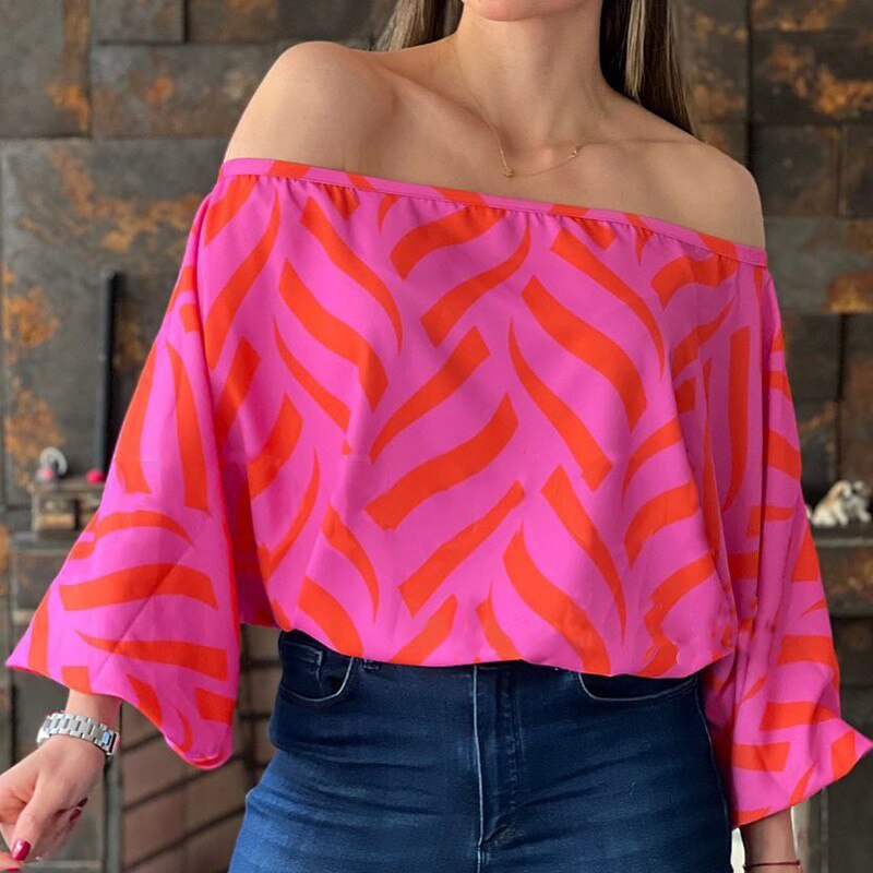 Lantern Sleeve Off Shoulder Printed Blouse to 3X