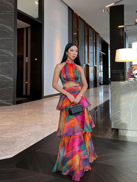Rainbow Floral Print Stacked Ruffled Hem Halter Sleeveless High Waist Hollow-Out Maxi Formal Party Dress