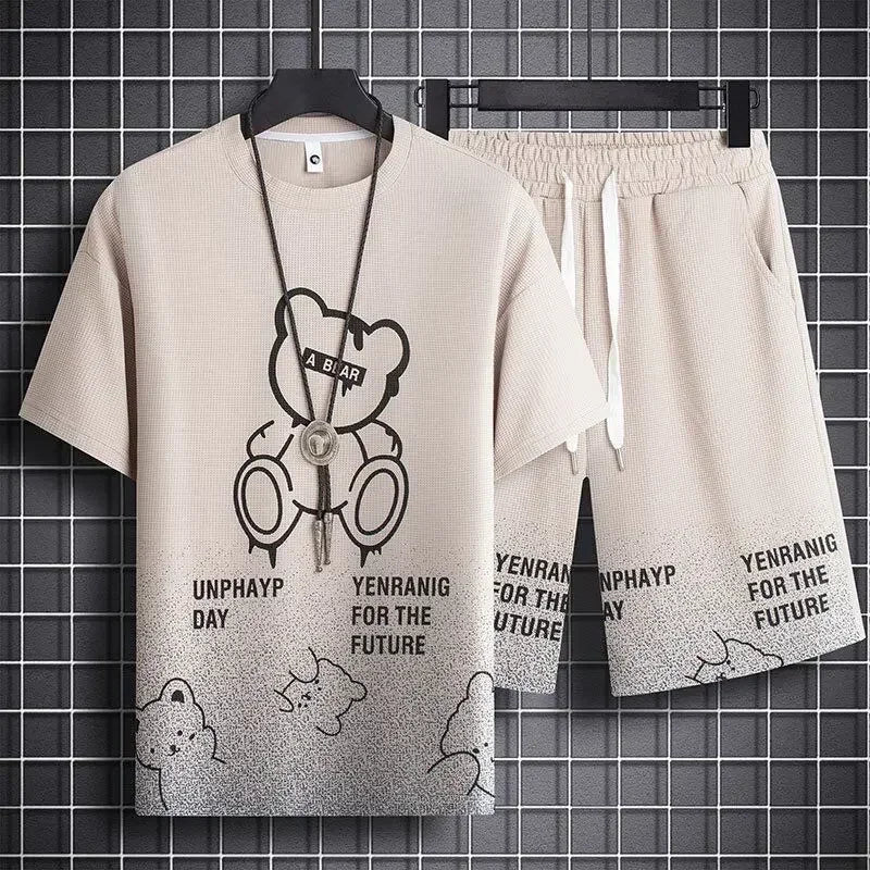 Men's Teddy Bear Print Waffle 3D Graphic Short Sleeve O-Neck T-Shirt + Drawstring Striped Hem Shorts 2-Piece Set