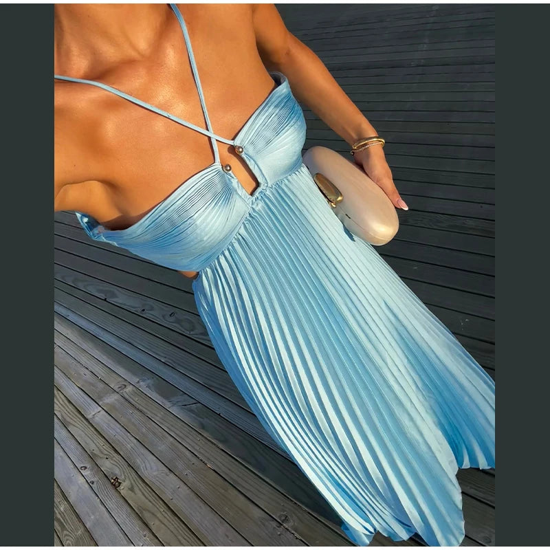 Pleated Halter Spaghetti Strap Backless Sleeveless Beach Maxi Dress