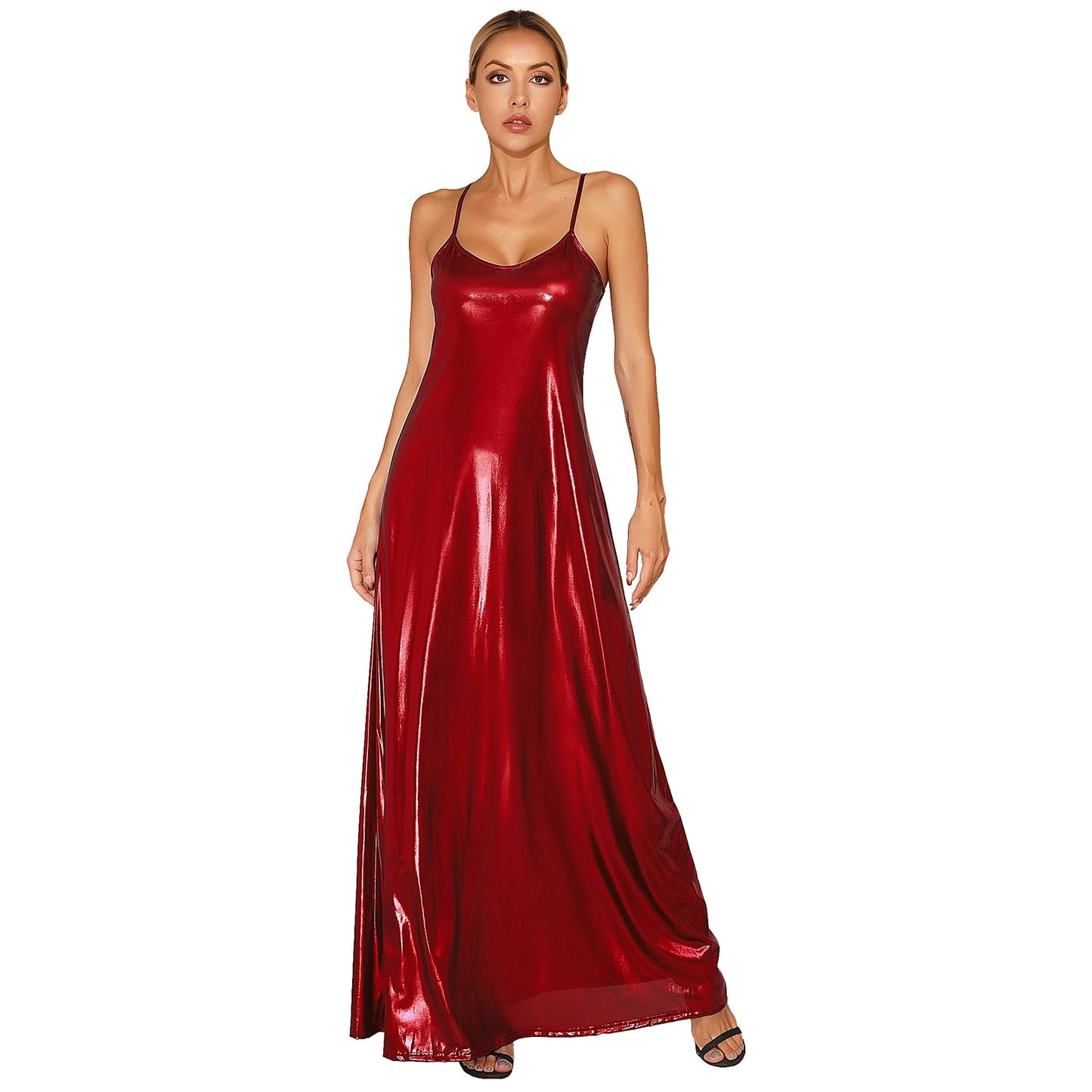 Shiny V-Neck Adjustable Spaghetti Strap Backless Dress