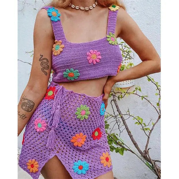 Crochet Big Flower Pattern Knitted Women's Sweater Tank Top + Drawstring Mini Skirt 2-Piece Set