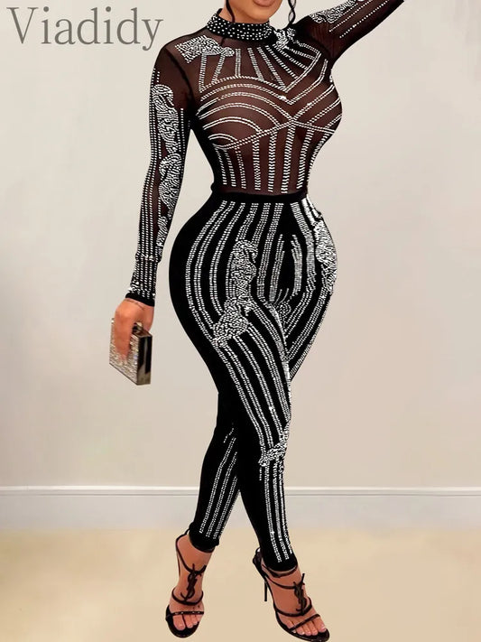 Sheer Mesh Rhinestone Long Sleeve Skinny Jumpsuit