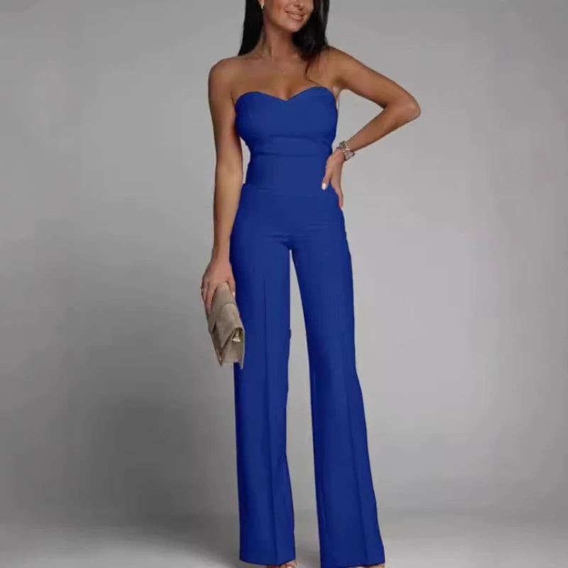 Sleeveless Strapless Solid Color Straight Women's Formal Party Tube Jumpsuit