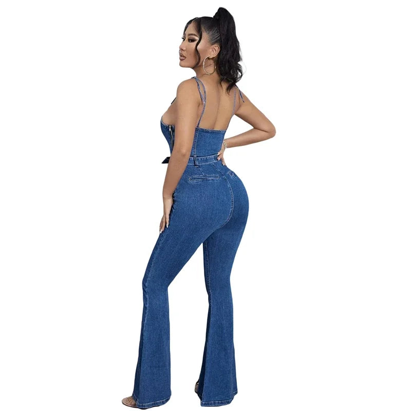 Denim Blue Corset Top Spaghetti Strap Flared Leg Women's Sash Belted Jean Jumpsuit