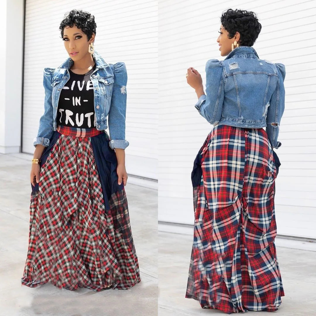 Plaid Patchwork Asymmetrical Big Swing Floor Length Skirt