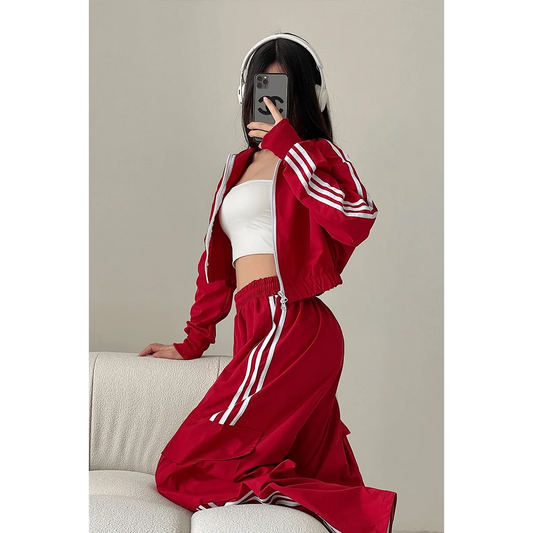 Red/White Turtleneck Women's Striped Sports Zipper Jacket + Side Striped Joggers Tracksuit