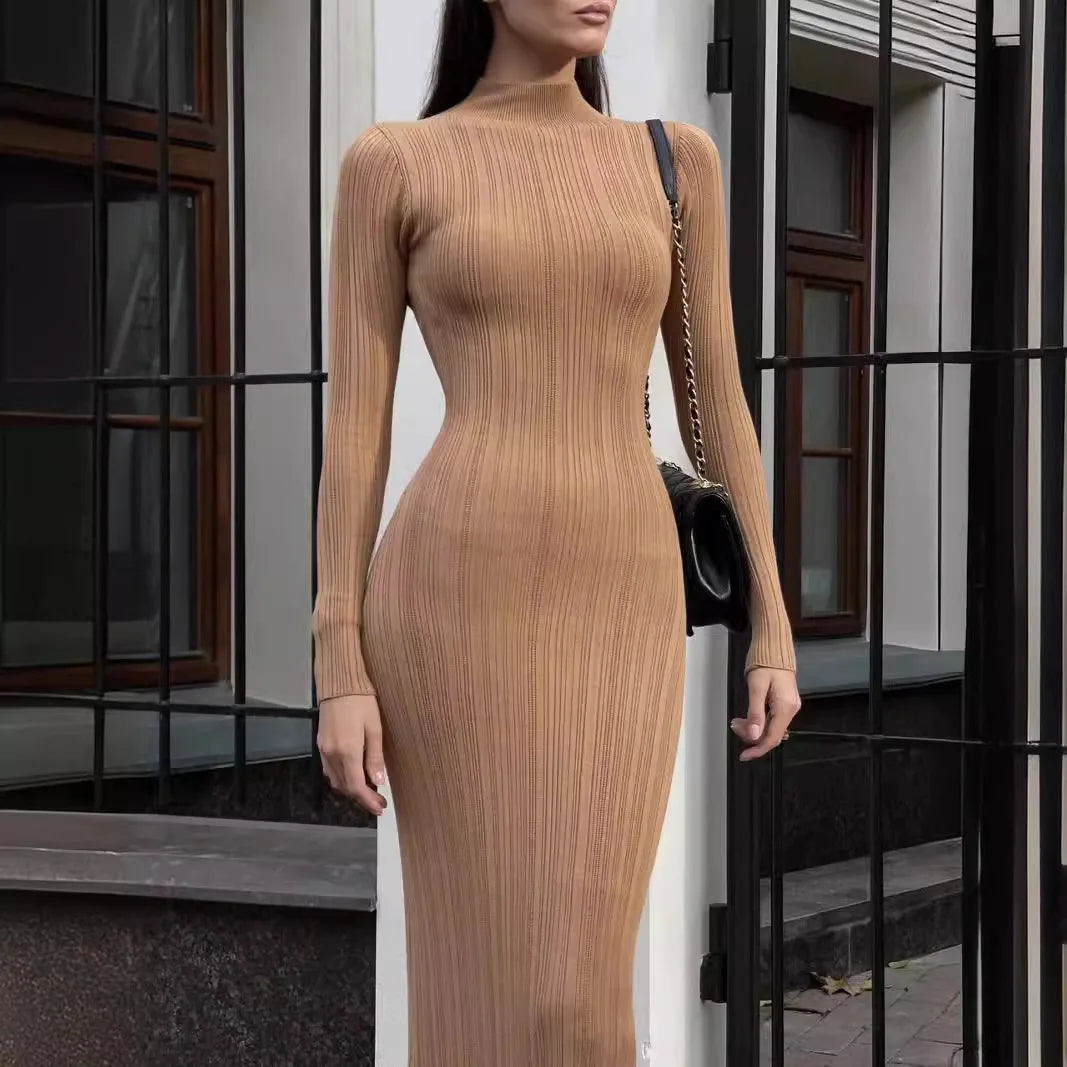 Women Elegant Long Sleeve Knitted Maxi Dress High Neck Bottoming Striped Sweater Slim Long Dress Bodycon Party Club Streetwear