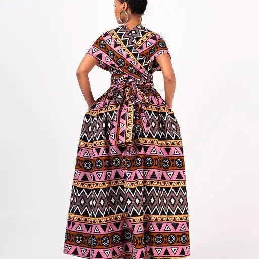 African Dashiki Print Off-the-Shoulder Short Sleeve V-Neck Backless High Slit Maxi Dress