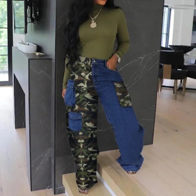 Denim Patchwork Camouflage 3D Pocket Ladies Cargo Pants