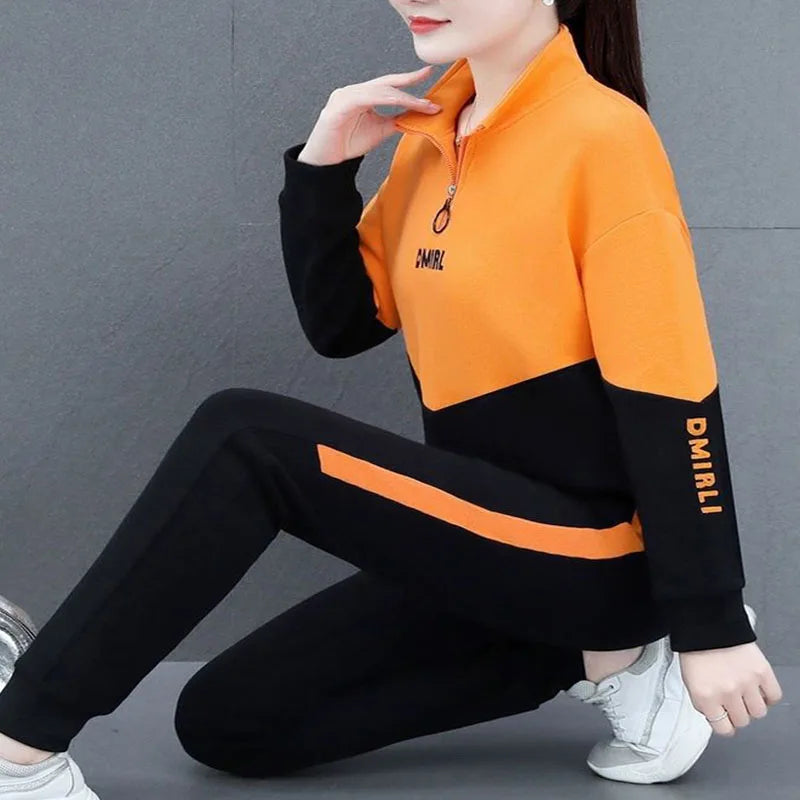 Colorblock Patchwork Turn-Down Collar Zipper Sweatshirt + Side Striped Sweatpants Women's Tracksuit