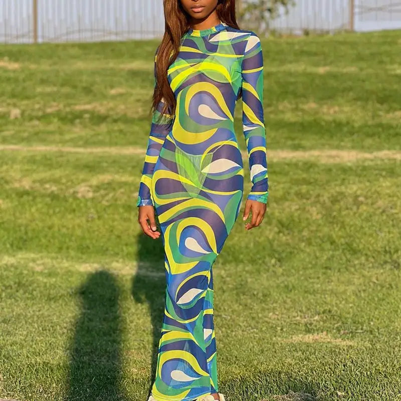 Mesh Transparent Geometric Print Long Sleeve O-Neck Streetwear Maxi Dress