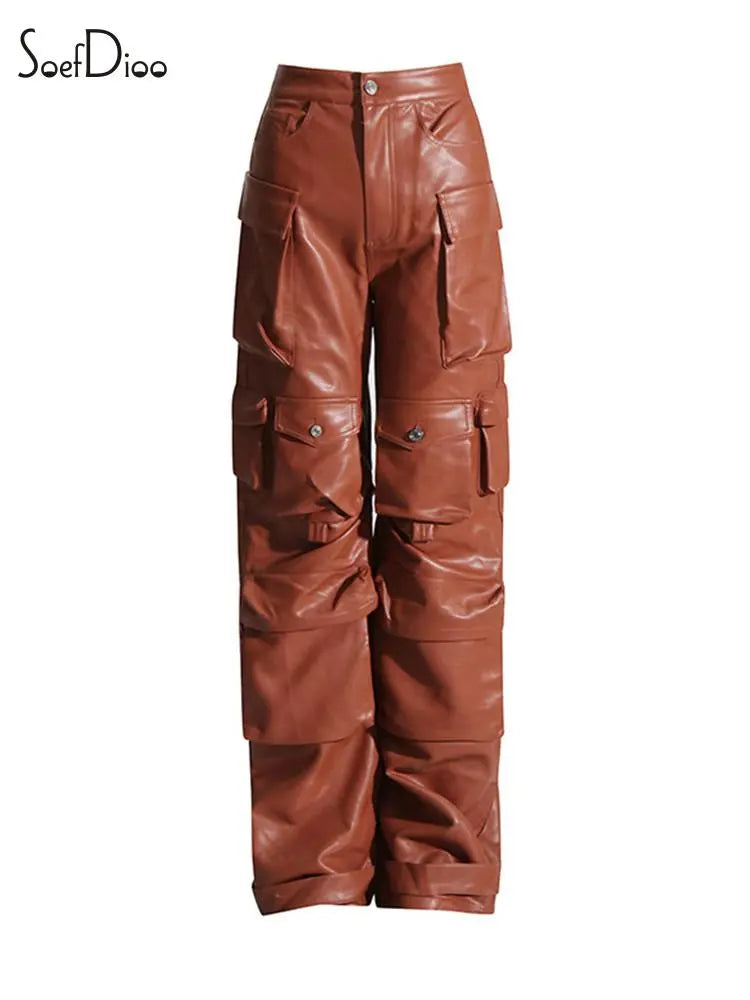 Patchwork Baggy PU Leather Wide Leg Ladies Cargo Pocketed Pants