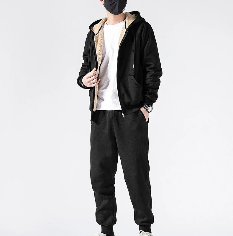 Men's Lamb Cashmere Wool Hooded Sweatshirt + Matching Sweatpants Two-Piece Set