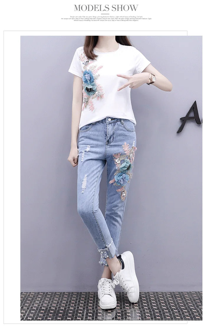 Floral Embroidered Women's Short Sleeve T-Shirt + Matching Denim Jeans 2-Piece Set to 3X Plus Size