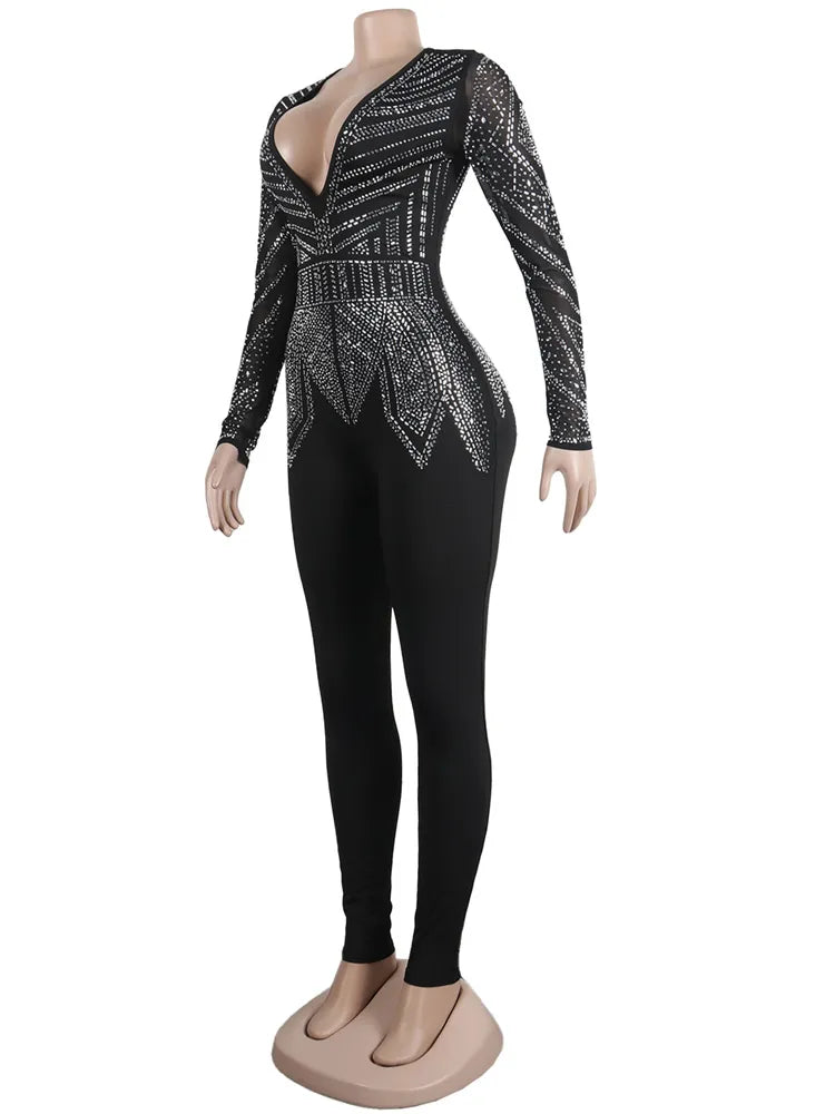 Sparkle Black/Silver Rhinestone Long Sleeve Crystal Deep V-Neck Jumpsuit