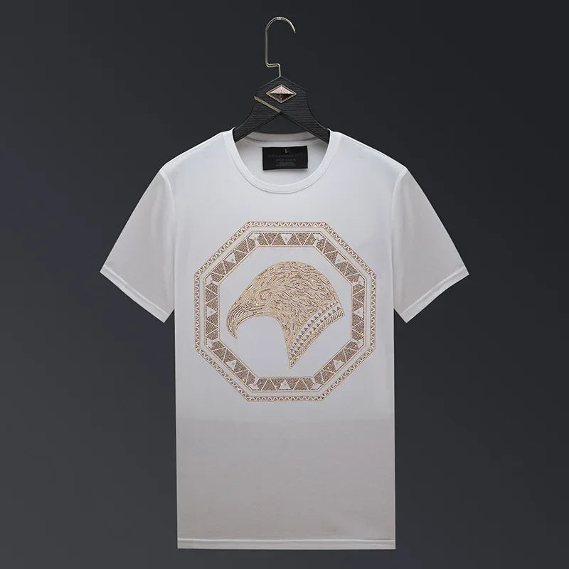 Men's Rhinestone Eagle Print Streetwear O Neck Short Sleeve Cotton T-Shirt