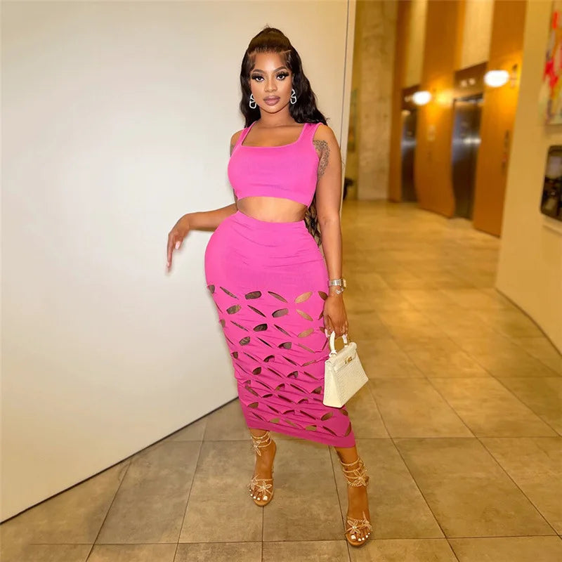 Sleeveless Solid Color Cropped Tank Top + Geometric Hollow-Out Floral Pattern Midi Skirt Women's 2-Piece Set
