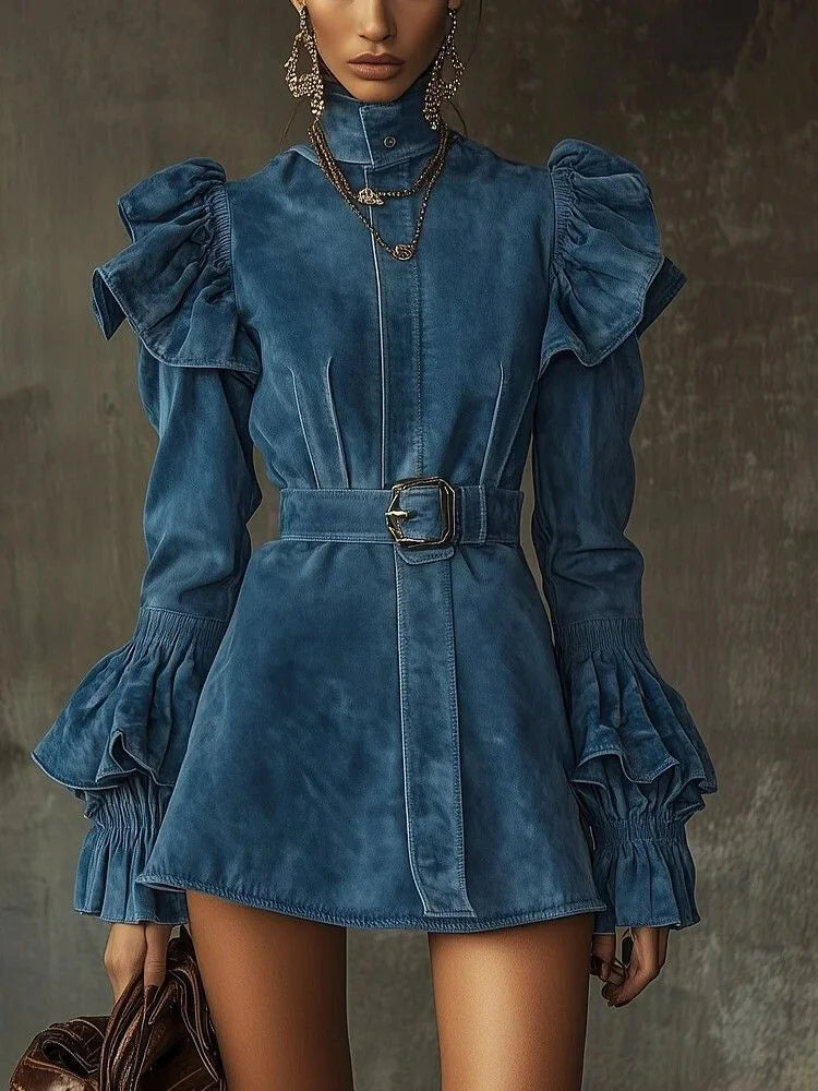Blue Suede High Neck Ruffled Shoulder Long Flared Sleeve Belted Mini Dress