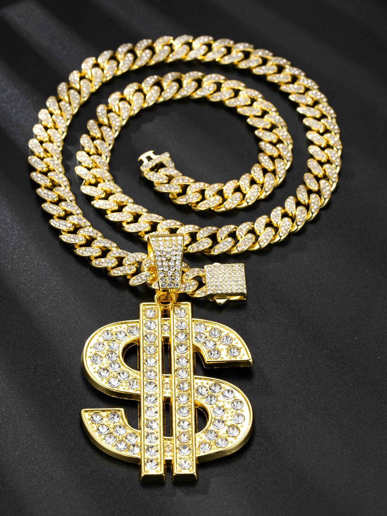 "Real Hasta la Muerte" OR $ Sign Rhinestone Pendant Hip-Hop Letter 13MM Cuban Chain Necklace
