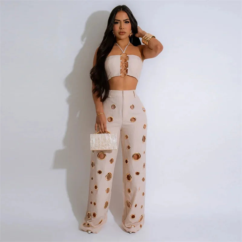 Strapless Women's Crop Halter Top + Hole Design Hollow-Out Wide Leg Pants 2-Piece Set