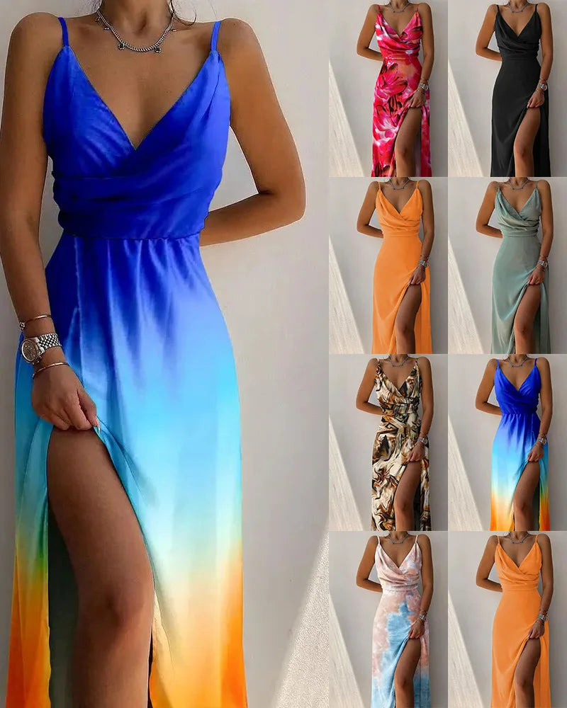 Sleeveless Halter Gradient Colorblock/Solid/Floral V-Neck Spaghetti Strap High Slit Camisole Maxi Dress