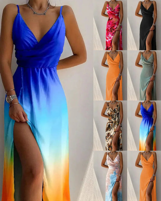 Sleeveless Halter Gradient Colorblock/Solid/Floral V-Neck Spaghetti Strap High Slit Camisole Maxi Dress