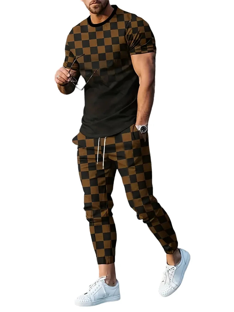 Men's Checkered Plaid Colorblock Print O-Neck T-Shirt + Drawstring Pants w/ Pockets 2-Piece Set