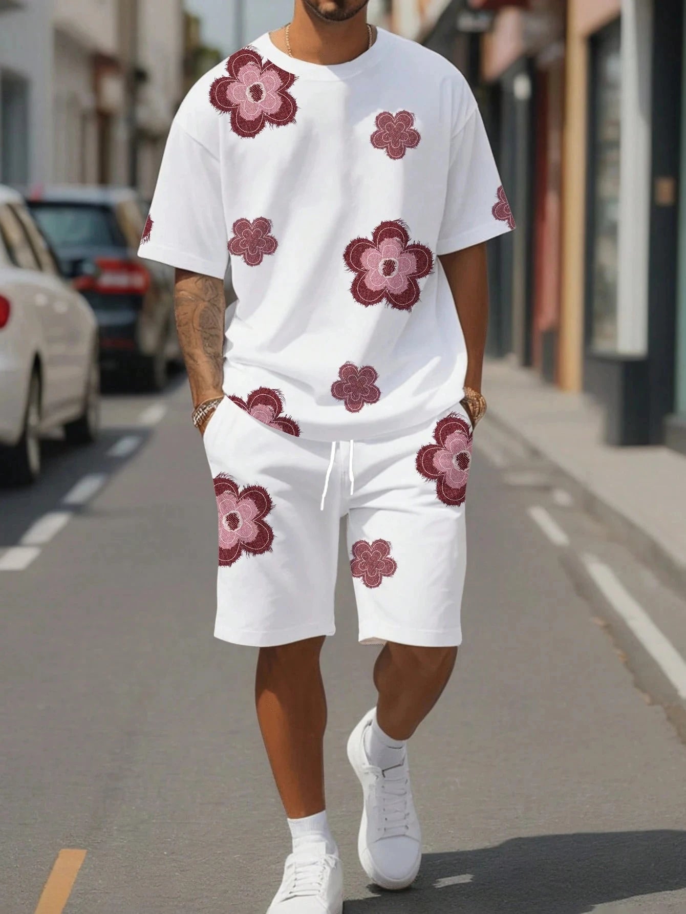 Men's Flower Print O-neck Short Sleeve T-Shirt + Elastic Waist Shorts 2-Piece Set