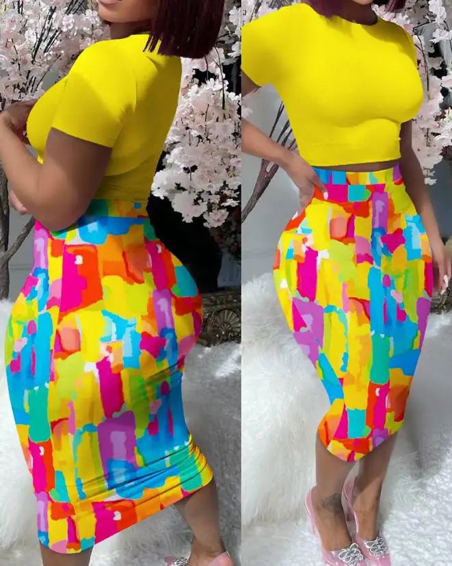 Tie-Dye/Geometric Short Sleeve Crop Top & Bodycon Midi Skirt 2-Piece Set