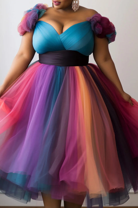 Rainbow Gradient Striped Deep V-Neck Floral Mesh Strap Pleated A-Line Tutu Formal Prom Evening Party Dress