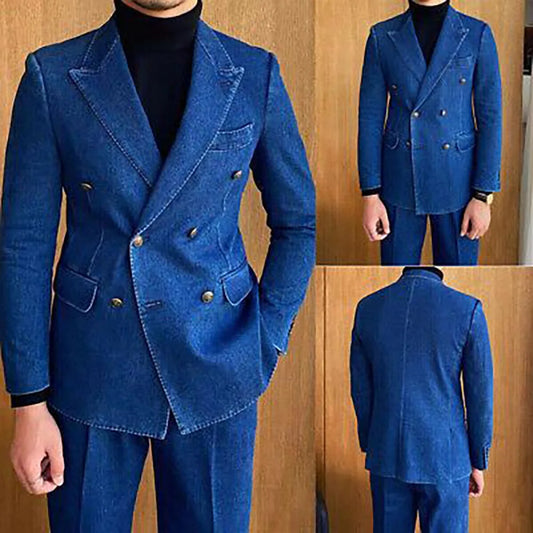 Men's Denim Formal Double Breasted Blazer Jeans Pants Suit