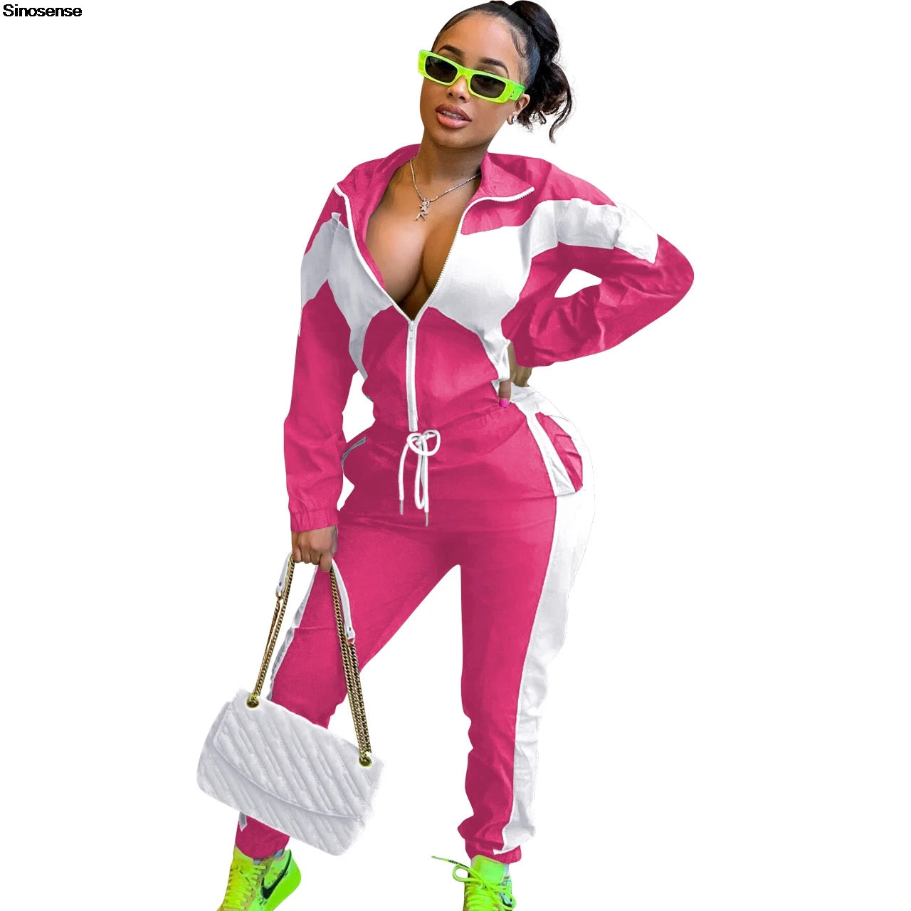 Women's Turn-Down Colorblock Zipper Jacket + Elastic Waist Sweatpants Tracksuit