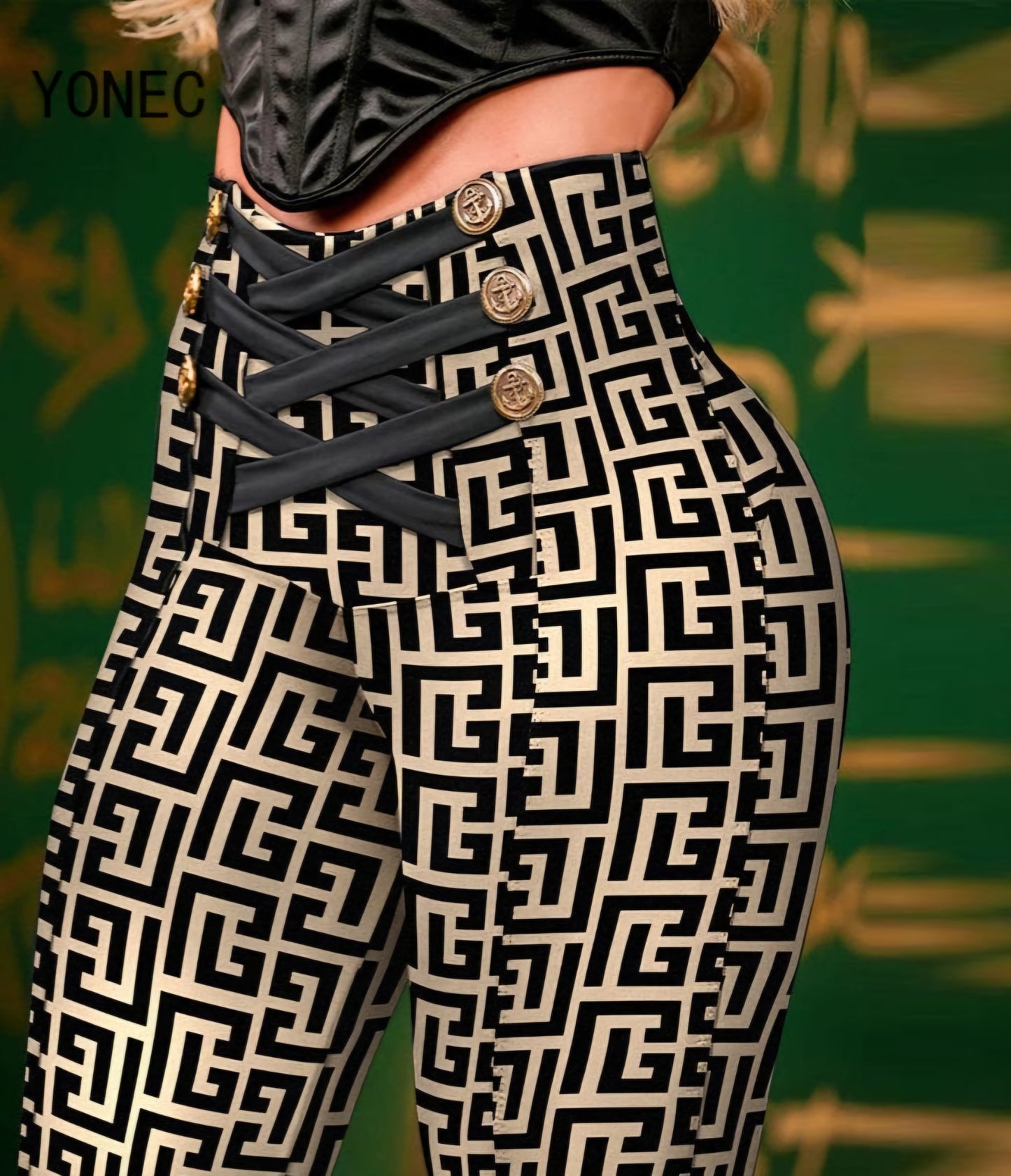 Criss Cross Geometric Print Skinny Pencil Pants