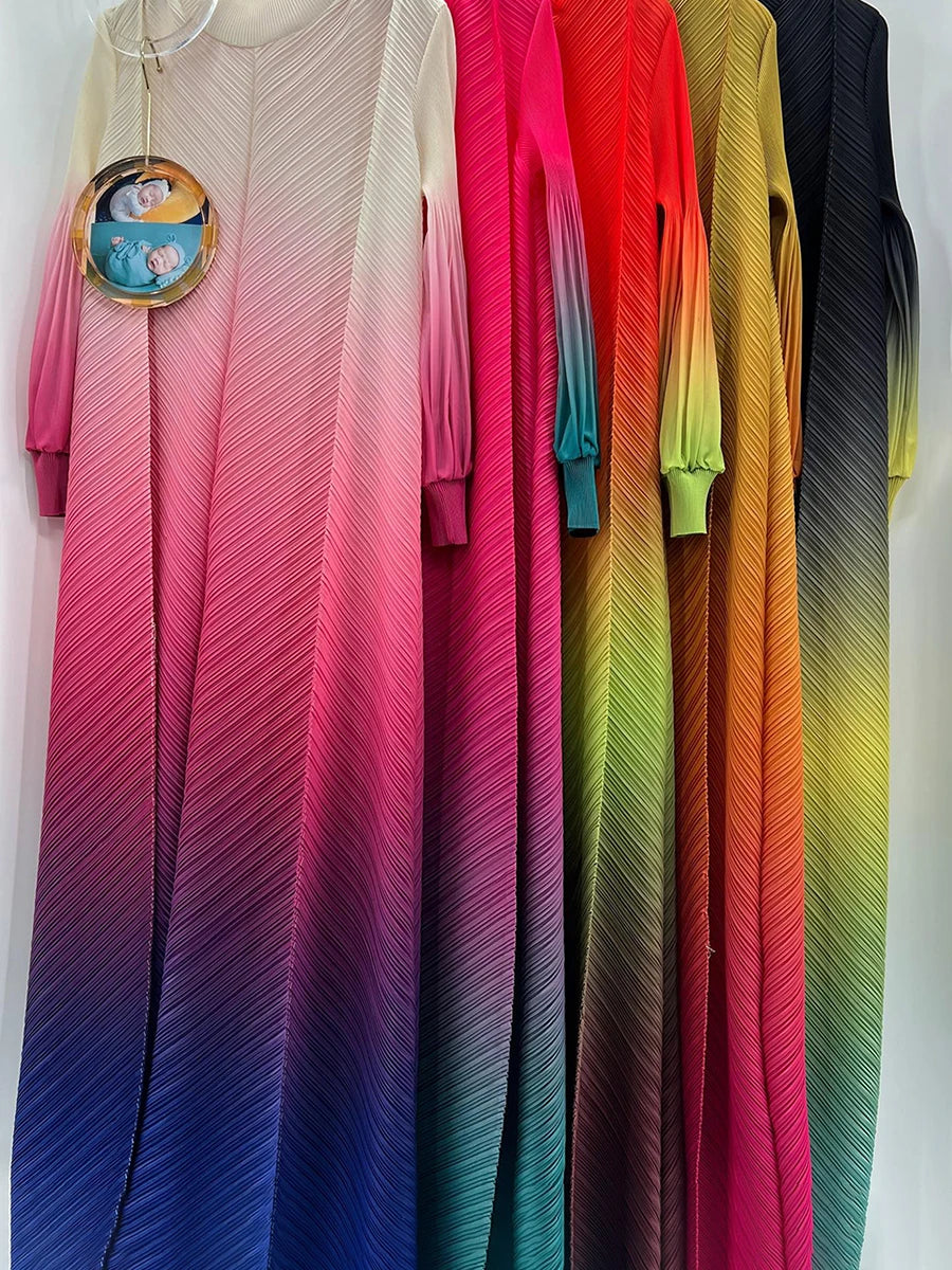 Pleated Gradient Colorblock Long Lantern Sleeve Mock Turtleneck Formal Maxi Dress