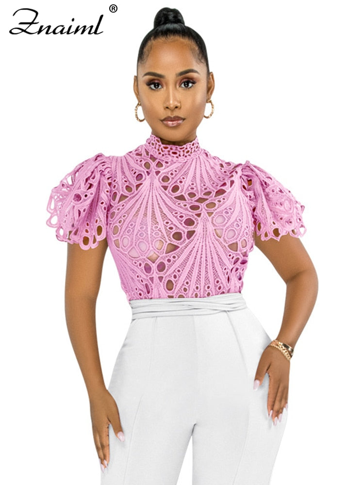 Hollow Out Mesh Lace Transparent Cropped Blouse