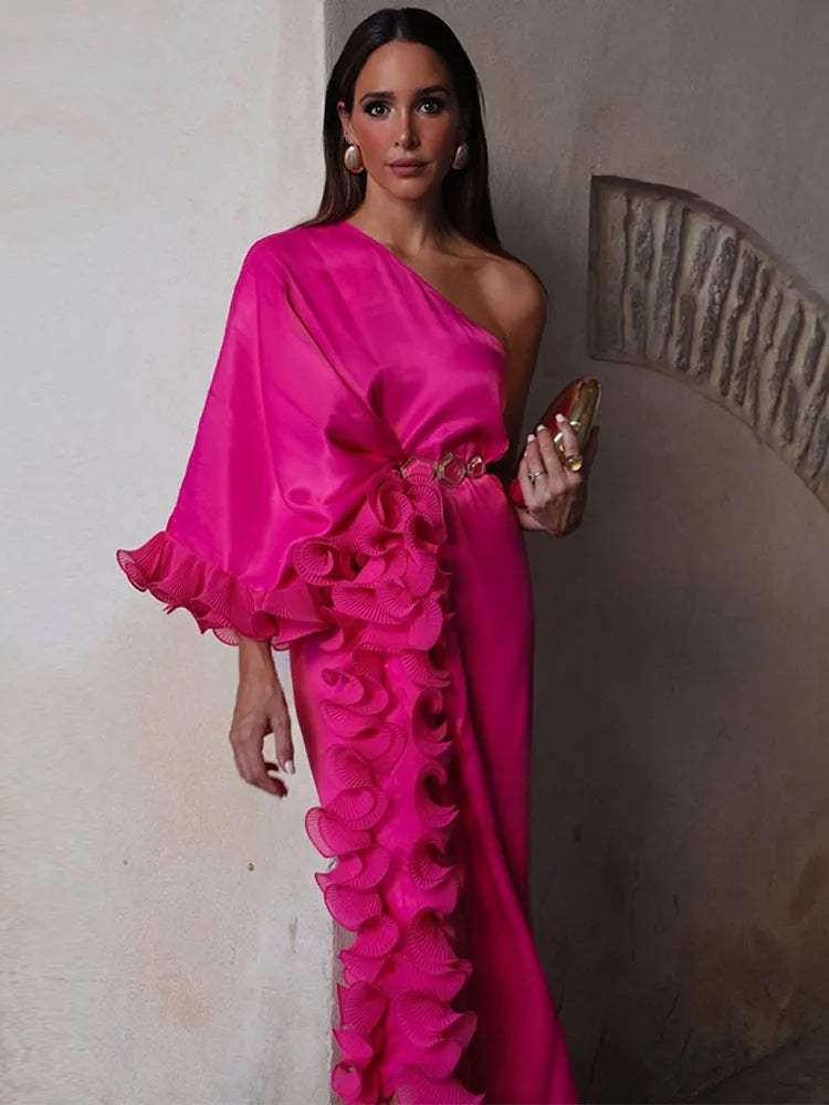 Ruffled Ruched One Shoulder Loose Sleeve Formal Maxi Dress