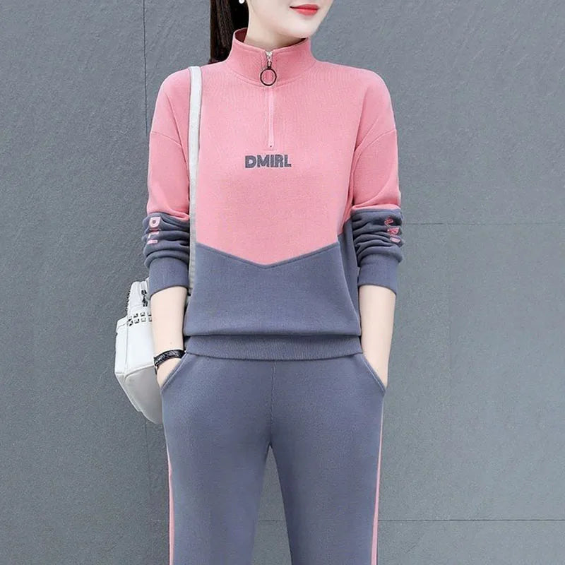 Colorblock Patchwork Turn-Down Collar Zipper Sweatshirt + Side Striped Sweatpants Women's Tracksuit