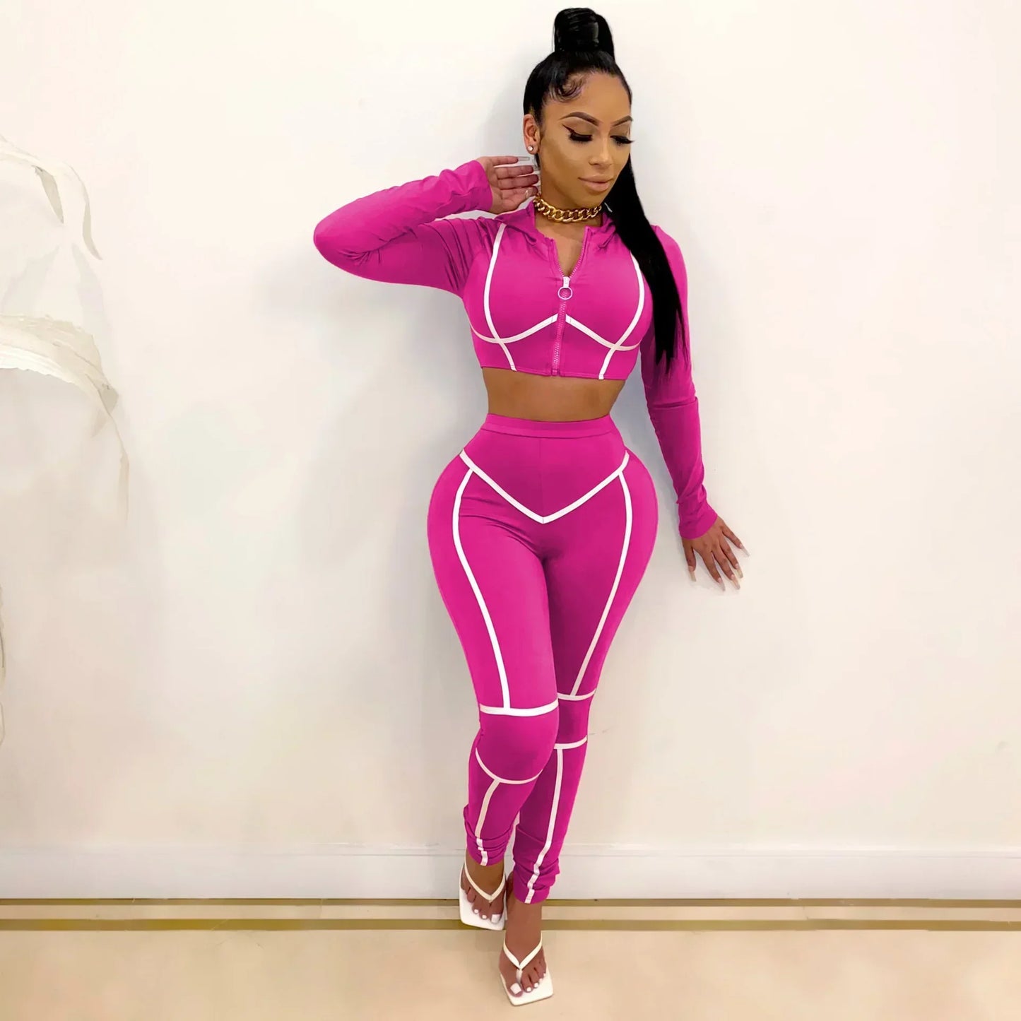 Striped Bandage Women's O-Neck Cropped Zipper Jacket + Sweatpants Tracksuit