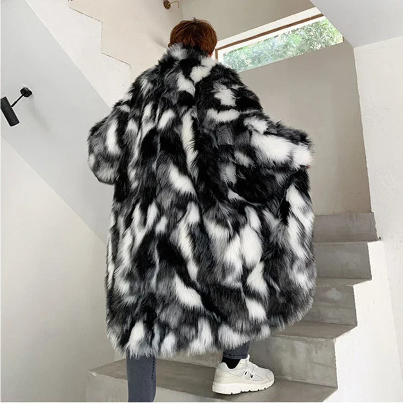 Men's Black/White Colorblock Patchwork Thick Faux Fur Trenchcoat