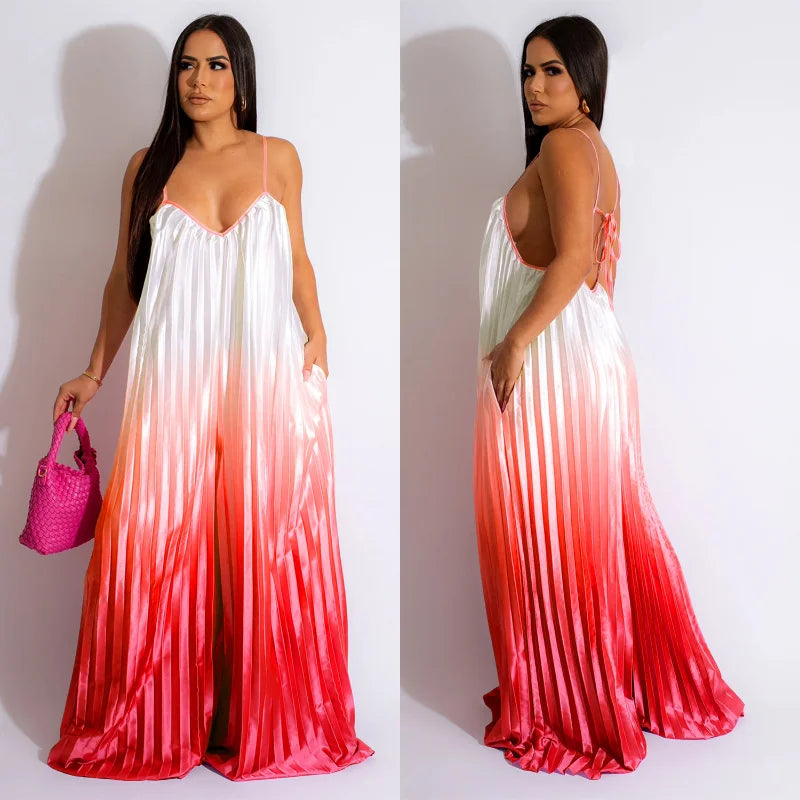 Gradient Colorblock Pleated Oversized V-Neck Spaghetti Strap Sleeveless Lace-Up Backless Wide Leg Jumpsuit