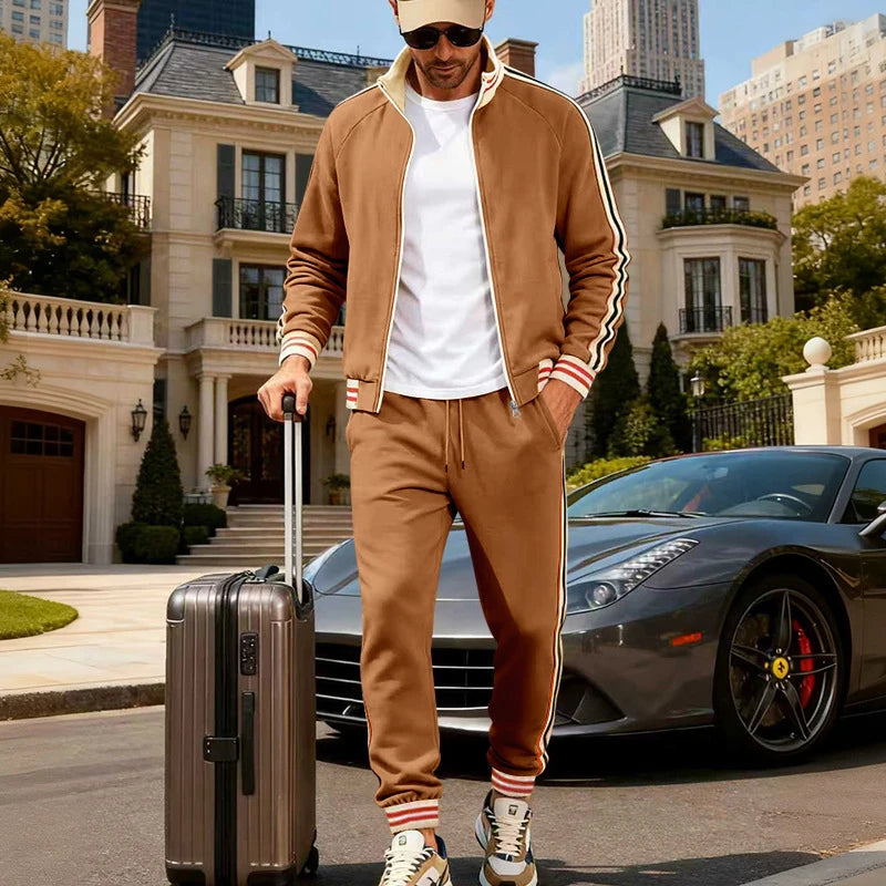 Men's Fleece Lined Heated Zipper Long Sleeve O-Neck Bomber Sports Jacket + Jogger Sweatpants Tracksuit