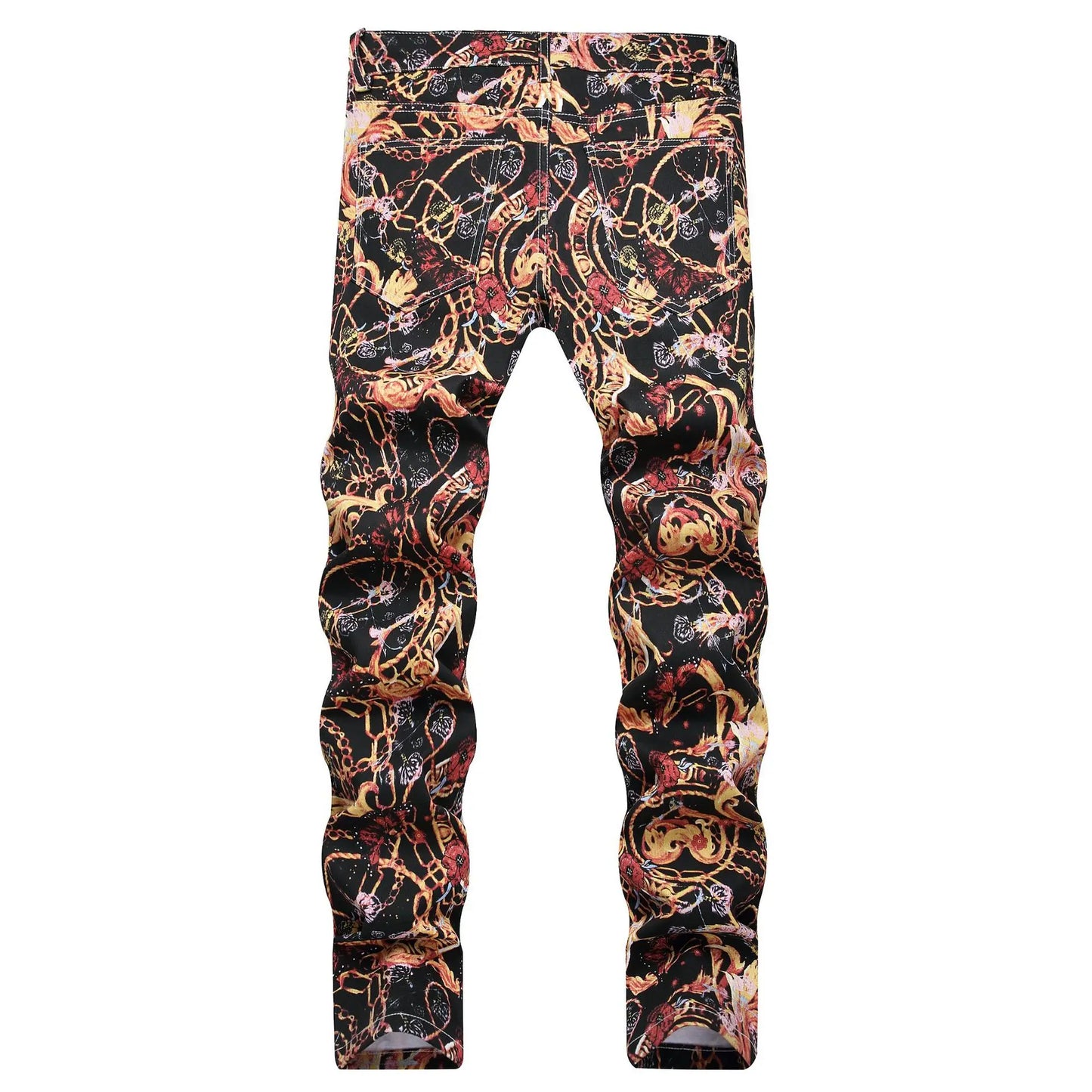 Men's Floral Multi-Colored Baroque Print Ruched Skinny Jeans