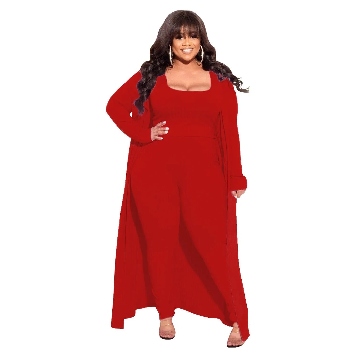 Plus Size Long Sleeves Cardigan + Matching Jumpsuit 2-Piece Set to 4X