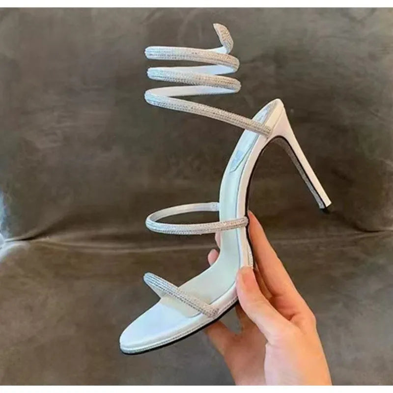 Spiral Snake Twine Band Crystal Rhinestone Thin Stiletto Heel Gladiator Sandal Pumps